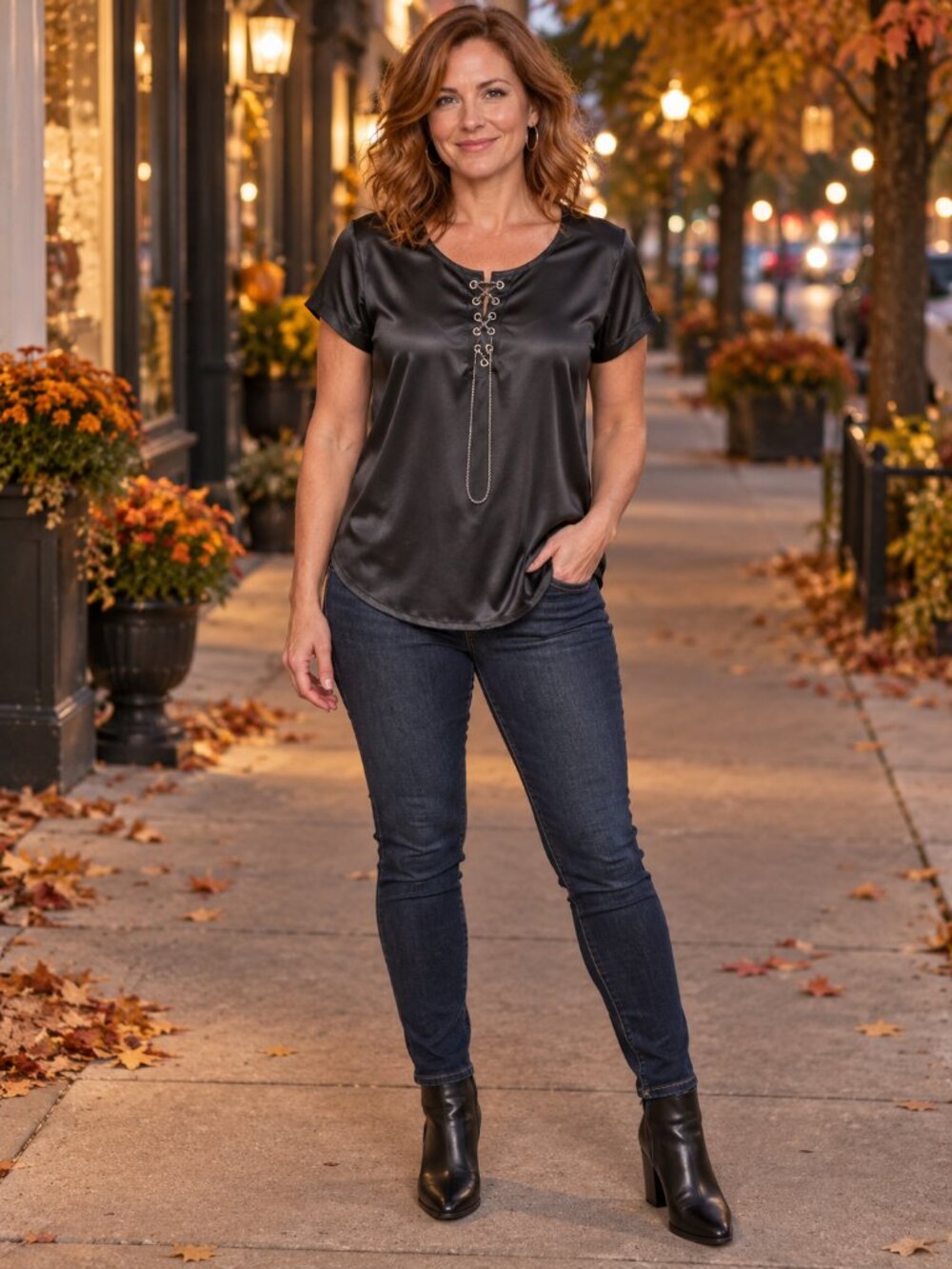 Rock & Republic Black Chain Lace-Up Grommet Short Sleeve Top Medium